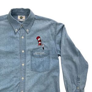 VTG Universal Studios Islands of Adventure Cat in Hat Denim Shirt M Unisex‎